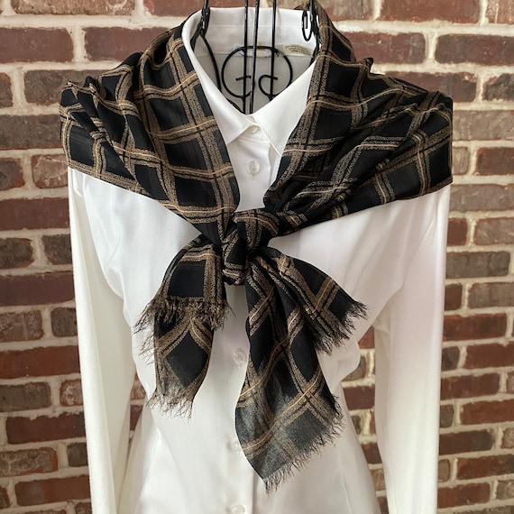 Vintage DKNY Plaid Silk Scarf Black and Bronze Designer Oblong Scarf Preppy Style Scarf with Frayed Fringe Ends