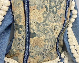Upcycled Denim Jacket: Floral Silk Scarf, Pom Pom Trim - Medium
