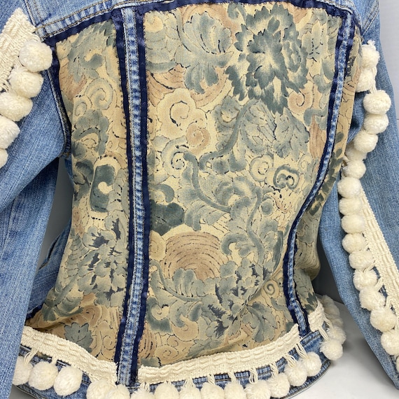 Embellished Zipper Pom Pom Jean Jacket, Up-cycled Floral Sepia Tone Silk Scarf with Navy Blue Ribbon Trim, Hand Stitched Denim Jacket Medium