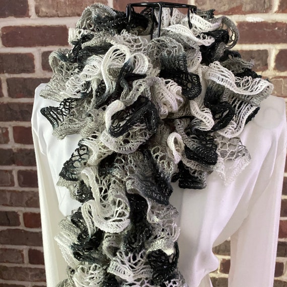 Vintage Crochet Ruffle Scarf Romantic Cascade of Black, White, Grey Bell Design Boa