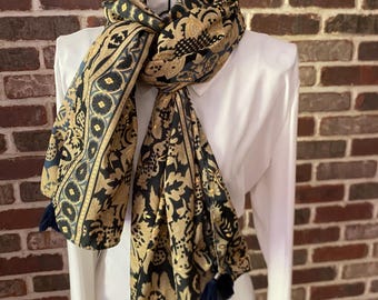 Boho Blue & Beige Floral Extra Large Scarf | Gold Foil Accent Sarong Beach Geometric Wrap