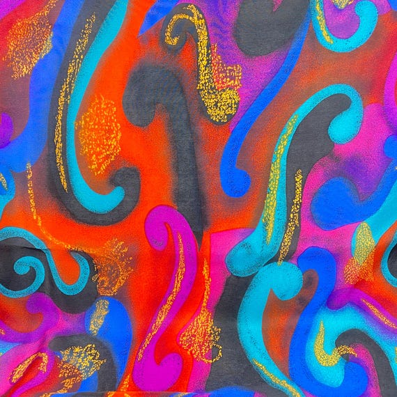 Vintage Abstract Print Silk Scarf A Cacophony of Black, Blue, Orange, Pink and Turquoise Scrolls and Gold Stardust Preppy Square Silk Scarf