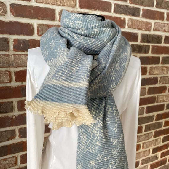 Vintage Chunky Slate Blue Pleated Blanket Scarf by Saachi, Delicate Botanical Print Extra Large Shawl with Cream Raw Edges