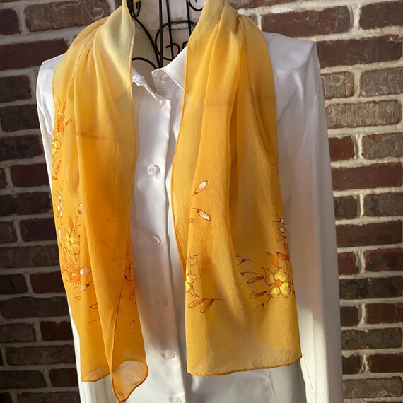 Vintage Silk Floral Scarf – Ombre Sand & Orange Oblong Scarf, Sheer Lightweight Wrap, Preppy Style