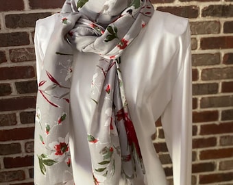 Vintage Cardinal Bird Scarf Gray Red White Floral Shawl | Animal Print Wrap Botanical Wear
