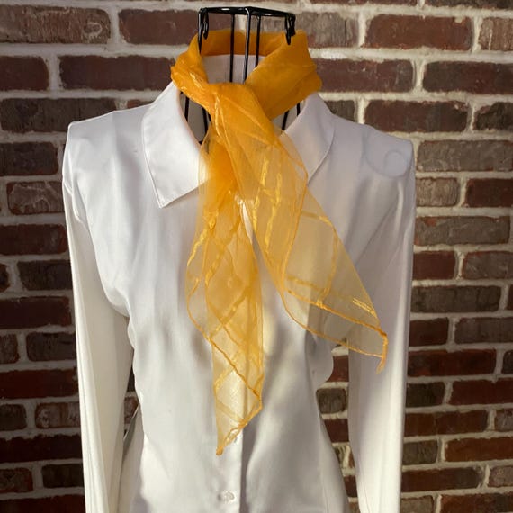 Vintage Mod Orange Tulle Scarf – Sheer Square Neck Scarf with Ribbon Detail – 1960s Style Retro Accessory