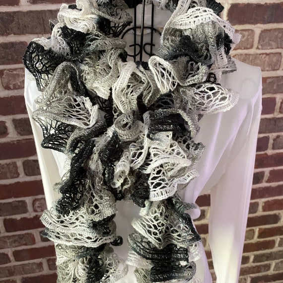 Vintage Crochet Ruffle Scarf, Black, White, Grey … - image 2