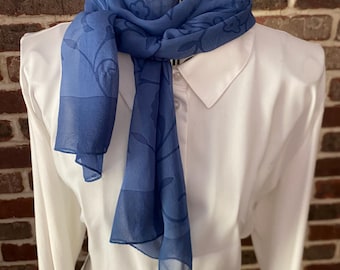 Vintage Cerulean Blue Silk Scarf, Floral Etching Oblong Sheer Wrap, Neck Scarf Cottagecore Style