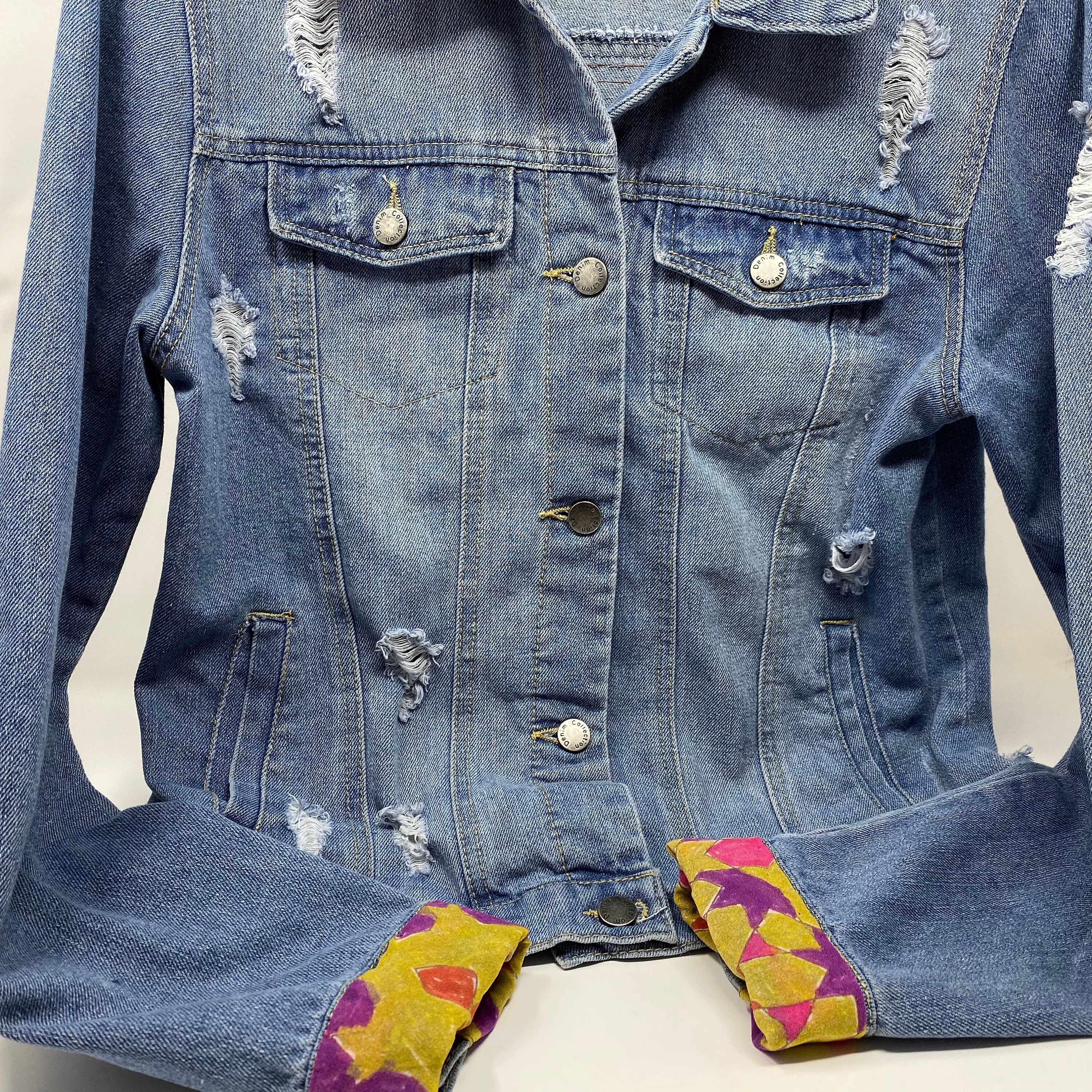 Embellished Distressed Denim Jacket Upcycled Silk Scarf With | Etsy