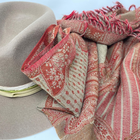 Vintage Bohemian Style Paisley Shawl with Sheer Cutouts Tapestry Tribal Scarf, Wool Red and Beige Boho Shawl Twisted Fringe Scarf
