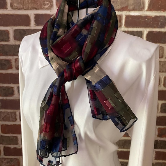 Vintage Plaid Embroidered Oblong Scarf, Sheer Rectangle Scarf in Blue, Red & Tan