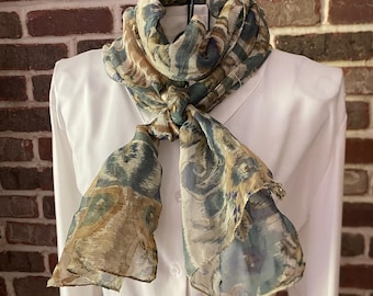 Vintage Paisley Scarf Neutral Sand Olive Green Oblong Wrap Sheer Floral Shawl Earthy Tones