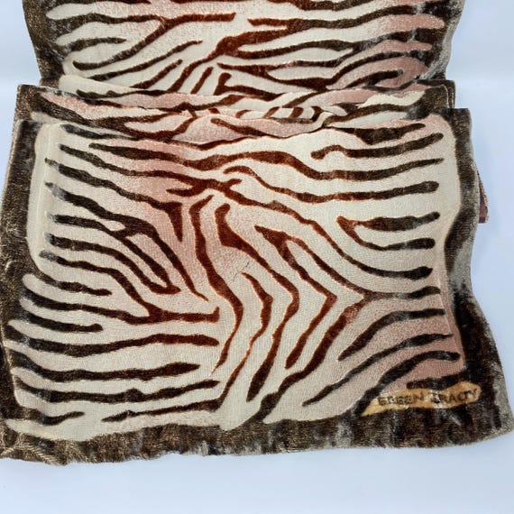Ellen Tracy Vintage Tiger Cutout Silk Velvet Shawl, Textured Brown Design Scarf Velvet Boarder with Lining