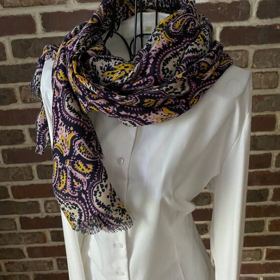 Vintage J.Crew Italian Style Floral Scarf – Navy, Purple, Pink & Yellow Boho Lightweight Wrap