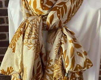 Boho Caramel & Toffee Sea Grass Design Scarf | Gold Accent Sarong Beach Tear Drop Wrap