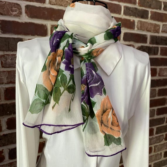 Vintage Coquette Style Silk Scarf – Sheer Botanical Crepe Shawl – Gossamer Purple Wrap with Hand Rolled Edges