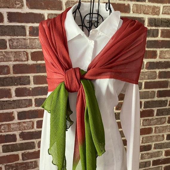 Vintage Silk Hand Dyed Scarf, Chartreuse Green and Red Brick Crinkled Silk Scarf Fall Fashion, Long Silk Scarf
