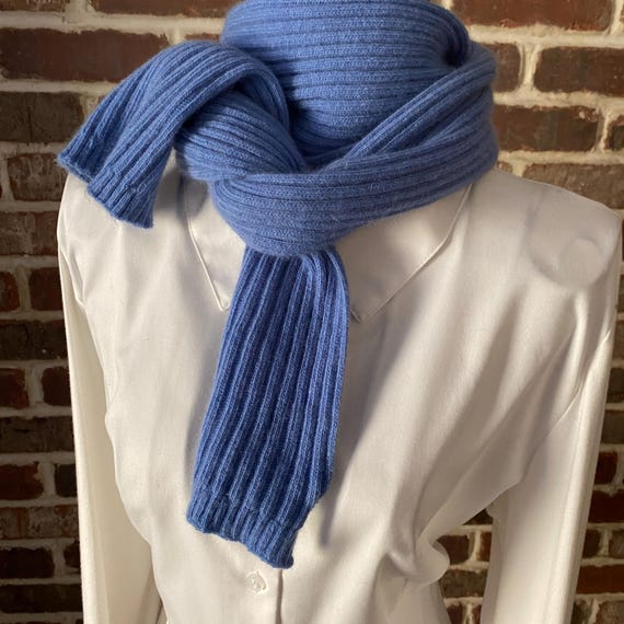 Ann Taylor Ribbed Cashmere Scarf, Cerulean Blue Cashmere Wool Oblong Preppy Scarf, Skinny Scarf