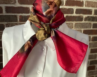 Vintage Gold Leaf Silk Scarf, Cherry Red Tie Dye Print Neck Scarf, Luxury Gift