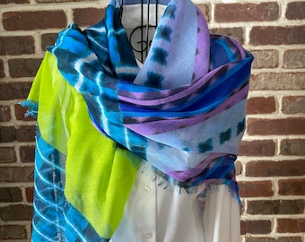 Vintage Tie-Dye Geometric Print Scarf, Vibrant Multicolors