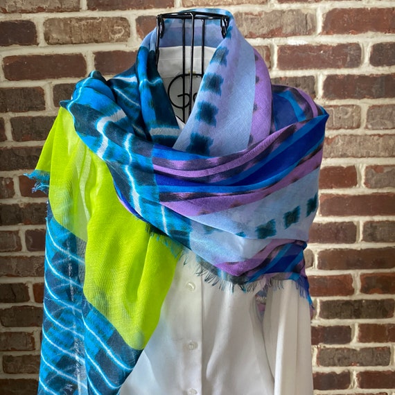 Vintage Tie-Dye Geometric Print Scarf, Vibrant Multicolors