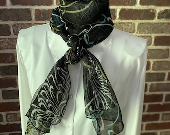 Vintage Black Sheer Crepe Chrysanthemum Scarf | Floral Preppy Style Oblong Wrap | Retro  Flower Power
