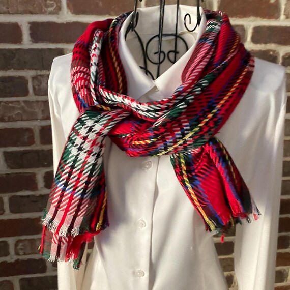 Vintage Celtic and Herringbone Scarf Red, White and Green Tartan Scarf Classic Plaid Scarf with Raw Frayed Fringe