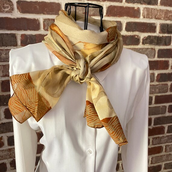 Vintage Butter Yellow Symphony Abstract Geometric Scarf, Oblong Scarf in Art Deco Sepia Browns, Beiges and Greens