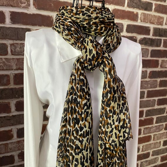 Vintage Sheer Cheetah Print Scarf – Brown & Black Oversized Leopard Wrap, Lightweight Shawl