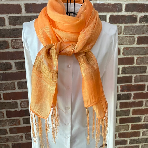 Vintage Tangerine Topaz Scarf, Greek Scroll Design Borders, Long Orange Fringe Ends Boho Style Scarf