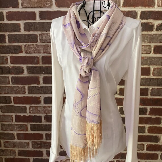 Vintage Japanese Silk Scarf – Extra Long Pastoral Duck and Pond Design in Purple & Pink with Fringe Trim