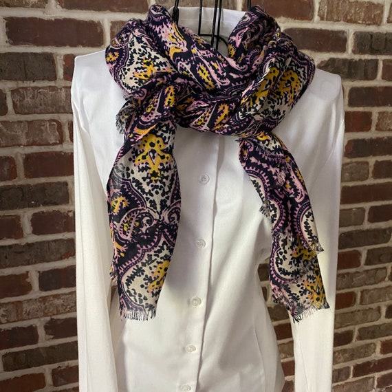 JCrew Vintage Italian Style Floral Scarf, Navy Blue, Purple, Pink, Orange Scarf, Soft, Long and Lightweight Bohemian Style Scarf