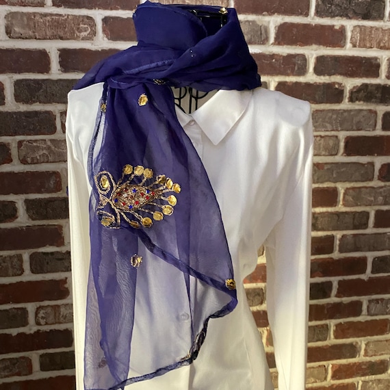 Vintage Bejeweled Belly Dancer Scarf with Beading and Embroidery Boho Shawl, Tribal Scarf, Blue Wing Tip Oblong Scarf