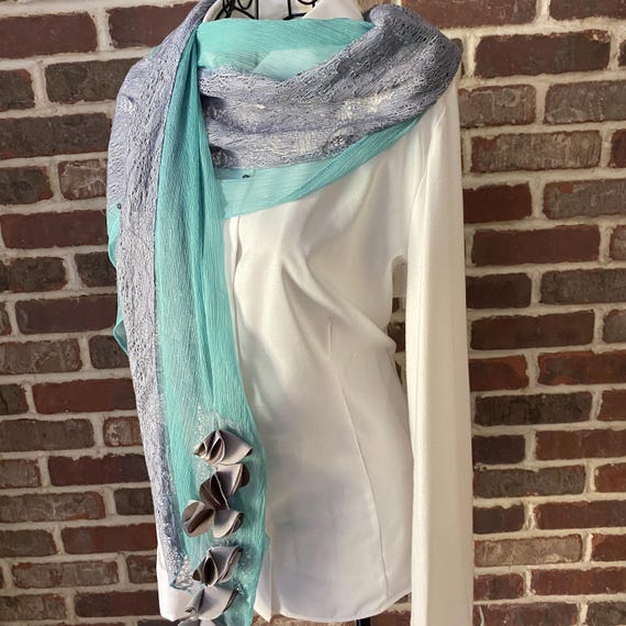 Vintage Silk Crepe Embroidered and Studded Scarf with Bell Chain, Eclectic Coquette Style Shawl, Maximum Textured Lake Blue, Dove Grey Scarf