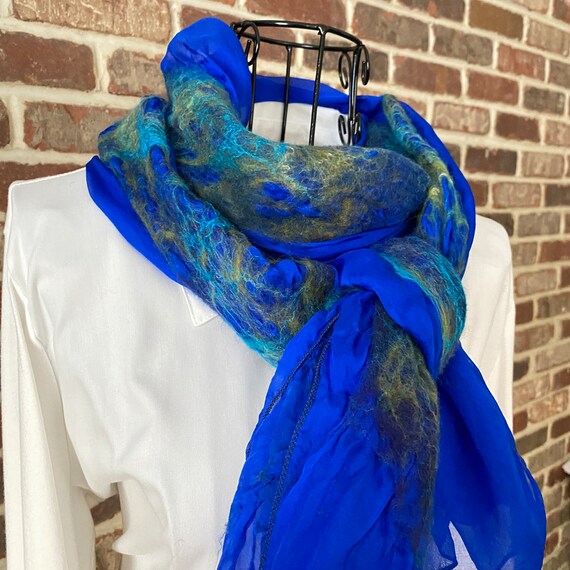 Vintage Christa Louise Handmade Silk Scarf, Eclectic Peacock Textured Scarf, Ruching, Cobalt Silk Shawl, Lightweight Scarf