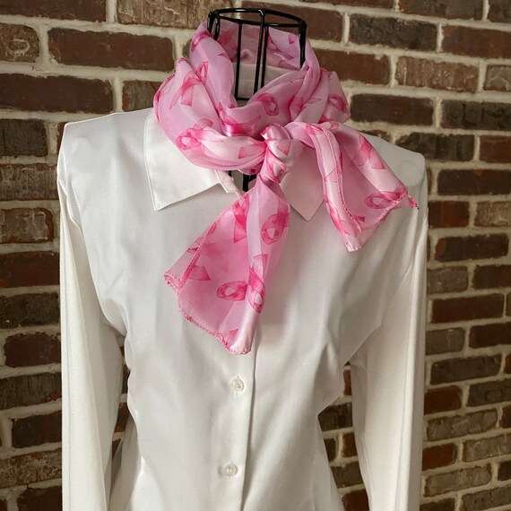 Vintage Pink Silk Head Scarf, Cancer Awareness Ribbon Design Neck Scarf