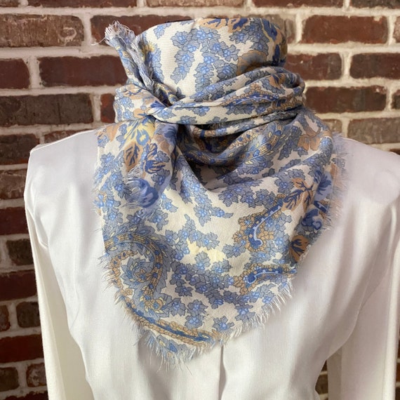 Vintage French Cottage Chic Ray Strauss Scarf, Blue Floral Neck Scarf, Square Scarf