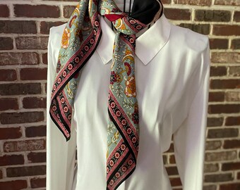 Vintage Silk Scarf | Maximalist Floral, Mosaic Border, Black Red Panels, Dark Academic