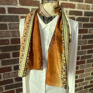 Vintage 100% Pure Silk Scarf, Brown, Sage Green and Beige Floral Print, Pure Silk Oblong Scarf Boho Style Scarf