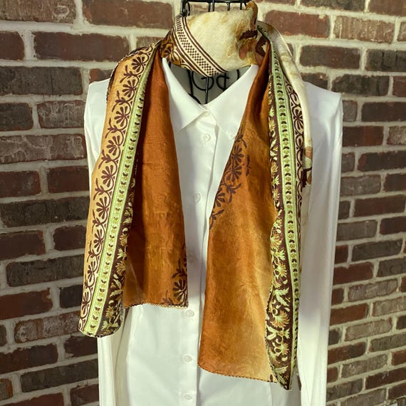 Vintage 100% Pure Silk Scarf, Brown, Sage Green and Beige Floral Print, Pure Silk Oblong Scarf Boho Style Scarf