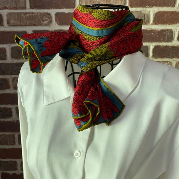 Vera Neumann Vintage Silk Scarf,  Cardamon Seed Green. Red, Blue Oblong, Signed Designer Scarf, Hand Rolled