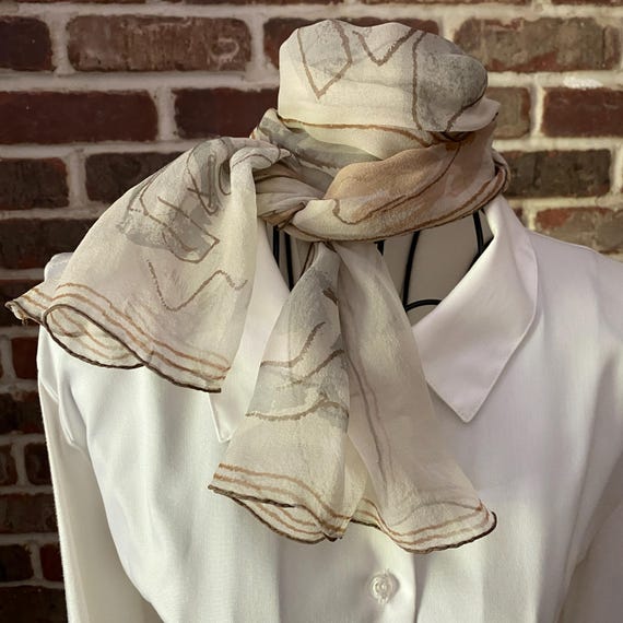 Vintage Vera Neumann Silk Scarf – Vanilla Girl Sheer Neutral Floral Print – Hand Rolled Designer Scarf with Ladybug Icon