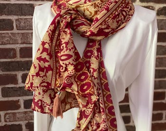 Boho Red & Beige Floral Extra Large Scarf | Gold Foil Accent Sarong Beach Geometric Wrap