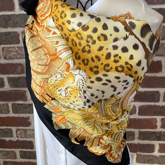 Vintage Salvatore Ferragamo Lounging Leopards and Jungle Lilys Silk Scarf 100% Authentic