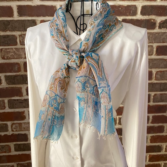 Vintage Crinkle Silk Scarf, Classic Paisley Silk Scarf, Italian Design Sheer Scarf