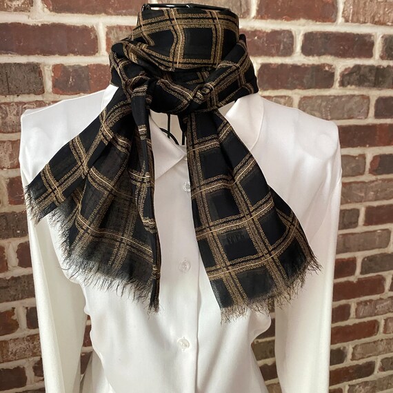 Vintage DKNY Designer Silk Scarf – Plaid Oblong with Frayed Fringe