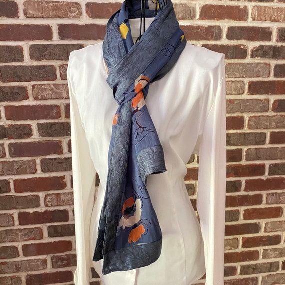 Vintage Blue Grey Floral Scarf, Sheer Oblong Scarf with Damask Border