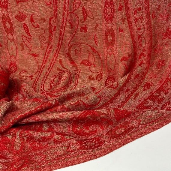Vintage Tapestry Tribal Scarf, Red Boho Gypsy Shawl, Distressed Jacquard Frayed Fringe Scarf, Bohemian Hippie Wrap Casual Style