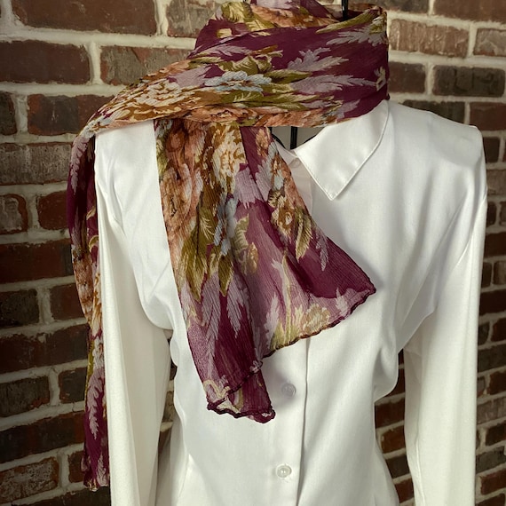 Vintage Crinkle Scarf Antique Floral and Wine Scarf, Italian Design Oblong Scarf with Lettuce Ruffle Ends