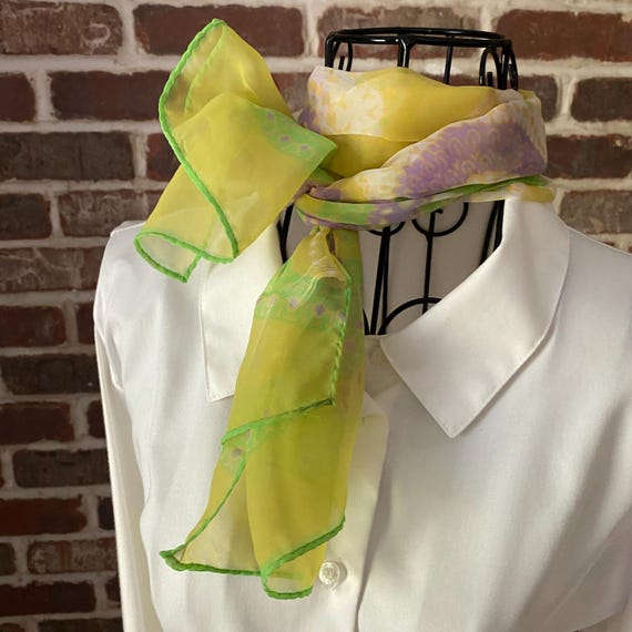 Vintage Mod Chartreuse Floral Scarf – Sheer Oblong Neck Scarf with White & Purple Details, 60s Style Flower Power Design